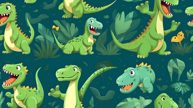 modello di dinosauri di cartone animato divertente con uno sfondo verde