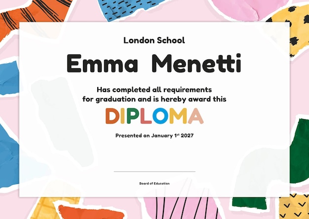 Modello di diploma scolastico modificabile disegno carino