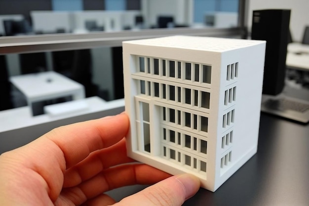 Modello di edificio in miniatura costruito utilizzando la stampa 3D nel processo di progettazione IA generativa