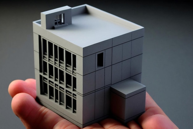 Modello di edificio in miniatura costruito utilizzando la stampa 3D nel processo di progettazione IA generativa