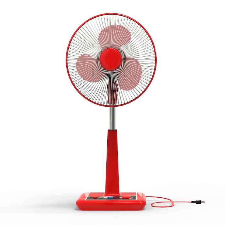 Foto modello di elettroventilatore rosso con rendering dei pulsanti di controllo