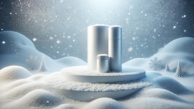 modello di esposizione del prodotto del podio cilindrico circondato da una coperta di neve incontaminata