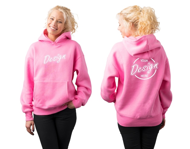Modello di felpa con cappuccio rosa da donna davanti e dietro