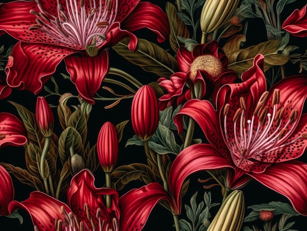 Modello di fiori di giglio di colore rosso rubino senza cuciture disegno di carta da parati a primavera di illustrazione 3D