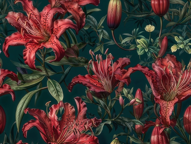 Modello di fiori di giglio di colore rosso senza cuciture disegno di carta da parati primaverile di illustrazione realistica
