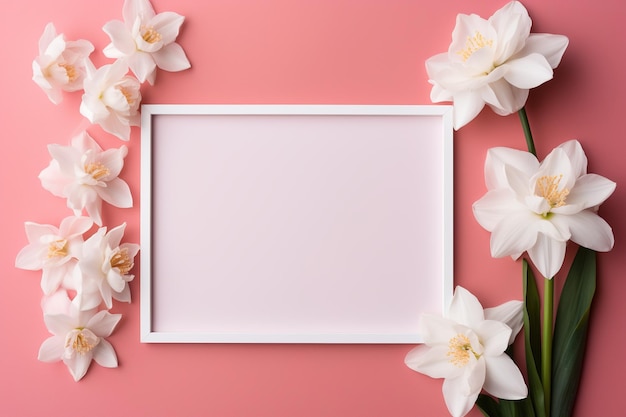 modello di foglio bianco bianco con fiori di narcisi vista superiore su sfondo rosa modello floreale