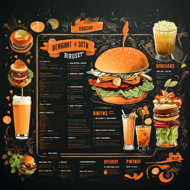 Modello di formato orizzontale menu ristorante digitale con drink e hamburger