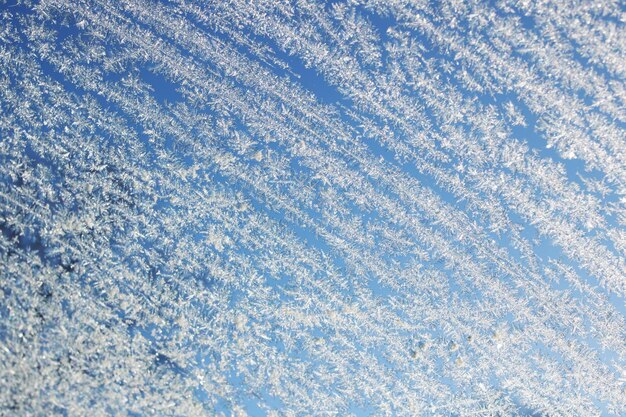 Modello di gelo su vetro su sfondo blu cielo