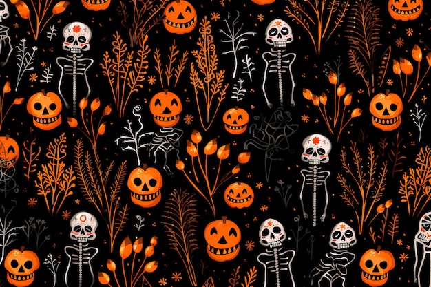 Modello di Halloween Jack Pumpkins and Skeletons Sfondo sfondo generazione AI