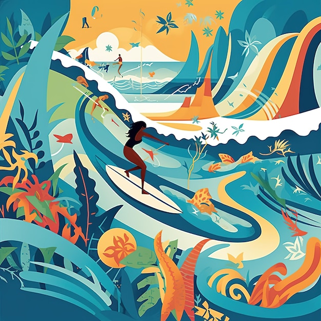 modello di illustrazione del surfista hawaiano