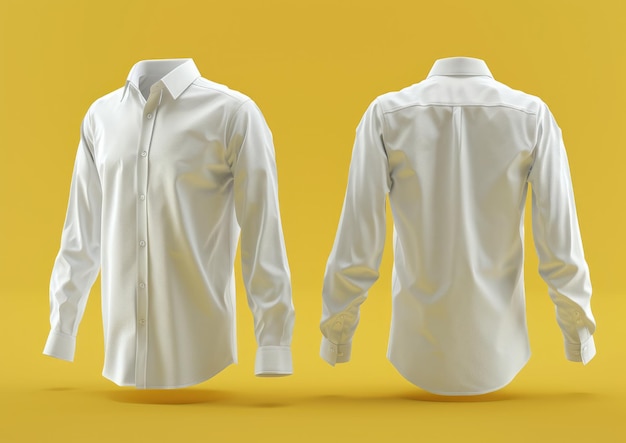 Modello di immagine realistico 3D di una camicia da ginnastica bianca semplice vista anteriore e vista posteriore su sfondo giallo