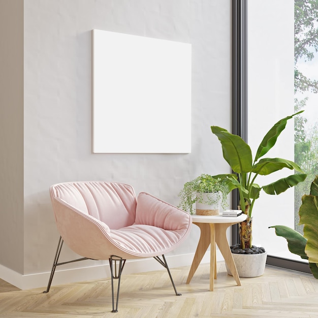 Modello di immagine su parete luminosa sopra moderna poltrona rosa e piante Moderno design d'interni in stile scandinavo minimalista Modello di poster Sala di design moderna con luce diurna luminosa Rendering 3D