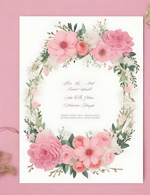 Modello di invito a nozze con ghirlanda floreale premium Fiori rosa eleganti moderni