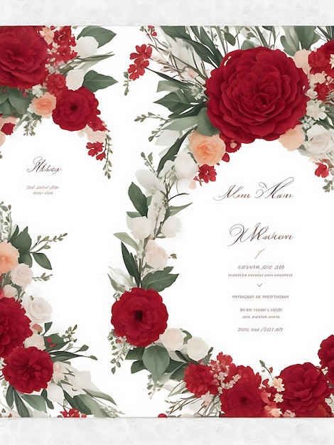 Modello di invito a nozze con ghirlanda floreale premium Fiori rossi eleganti moderni
