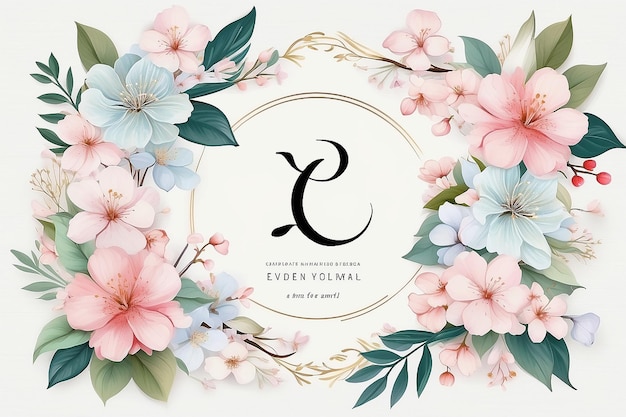Modello di invito a nozze floreale design Somei Yoshino sakura fiori con foglie con lettere ampersand su bianco
