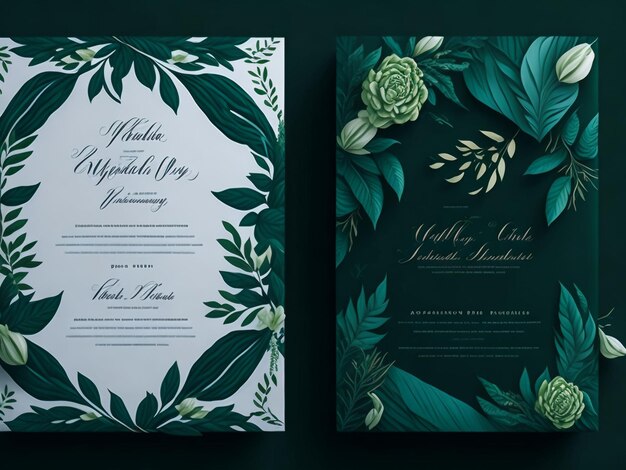 Modello di invito al matrimonio in acquerello con decorazione floreale e fogli di verde smeraldo