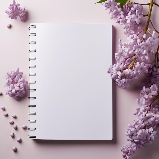 modello di libro bianco con fiori di lilac freschi e carta