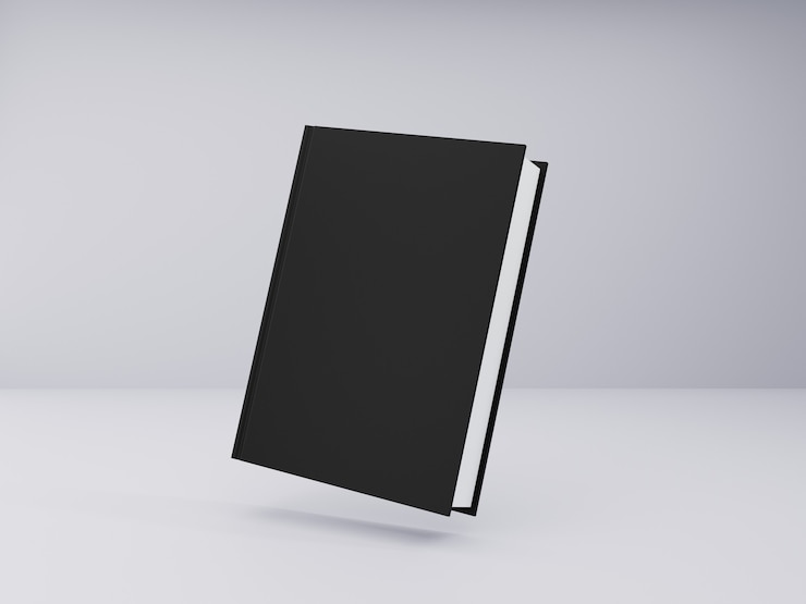 Foto modello di libro con copertina rigida nera su sfondo grigio
