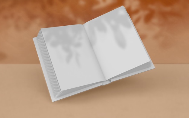 Modello di libro volante a copertina rigida modello in bianco rivista ombra estiva close-up d rendering