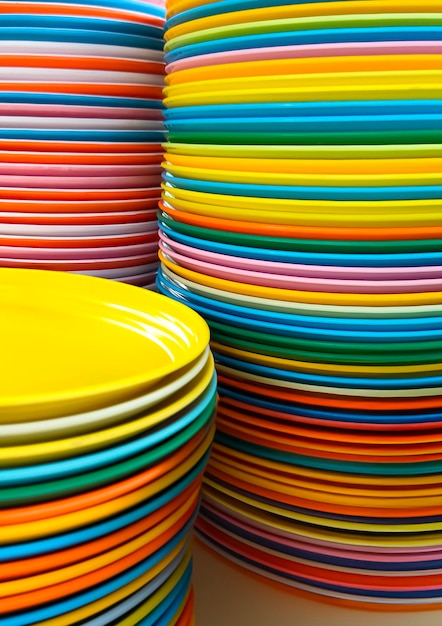 Modello di linee curve colorate del bordo di molti piatti rotondi in ceramica impilati in una cornice verticale