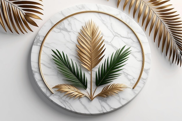 Modello di logo di lusso su marmo circolare con foglie di palma su sfondo bianco rendering 3D