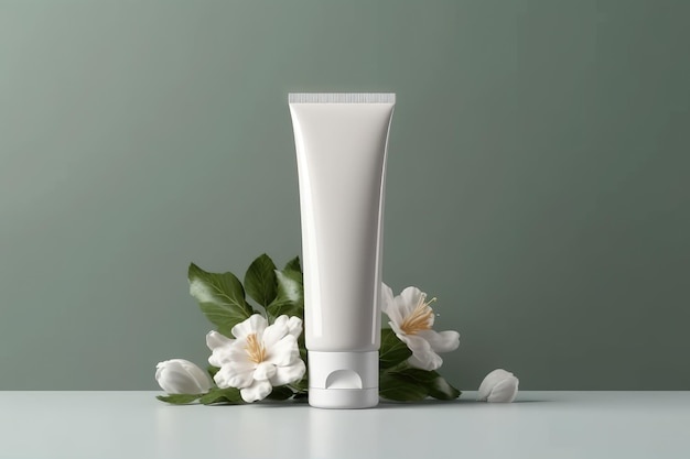 Modello di marchio di prodotti per la cura della pelle naturale Bottiglia bianca vuota tubo di plastica Concetto cosmetico di bellezza