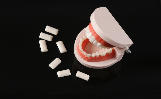 Modello di mascella umana con denti e cuscinetti di gomma da masticare isolati su sfondo nero Concetto di cura dentale