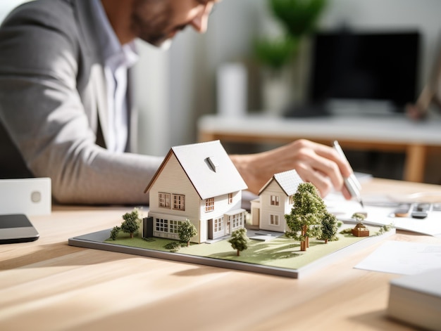Modello di mini casa con carta e penna sul tavolo in ufficio con vendite di case di agenti immobiliari maschili sullo sfondo Concetto di immobile