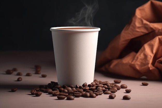 Modello di mock up della tazza di caffè bianco vuoto circondato da chicchi di caffè IA generativa
