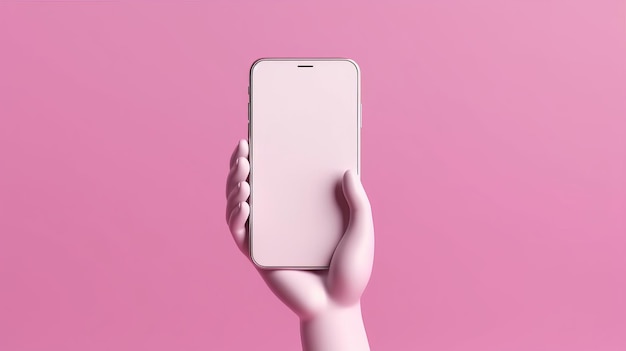 Modello di mockup 3D realistico che tiene lo smartphone su uno sfondo rosa