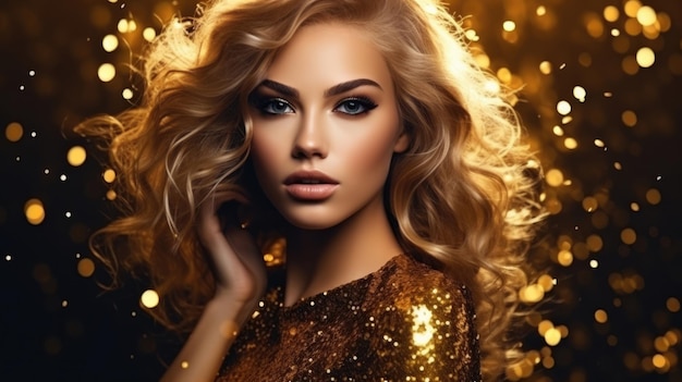 Modello di moda donna in brillanti scintillii dorati Ragazza con pelle dorata e capelli ritratto primo piano Trucco professionale lucido glamour vacanza su nero