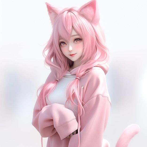 Modello di moda e bellezza di ragazza con orecchie di gatto e felpa con cappuccio rosa simpatico cartone animato 3d concetto ai generato