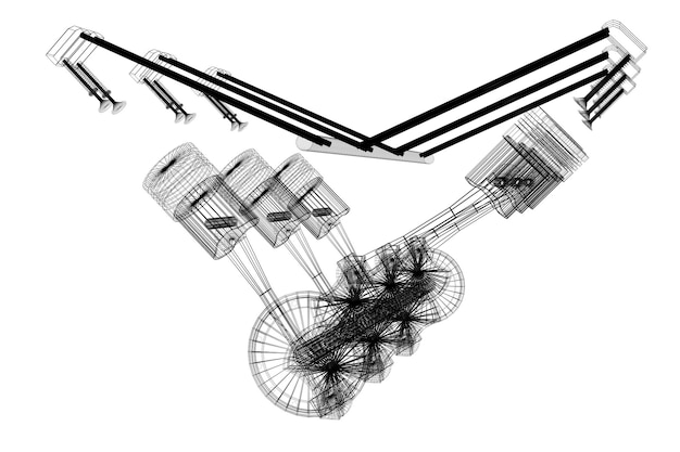 Modello di motore per auto a sei cilindri wireframe isolato su sfondo bianco