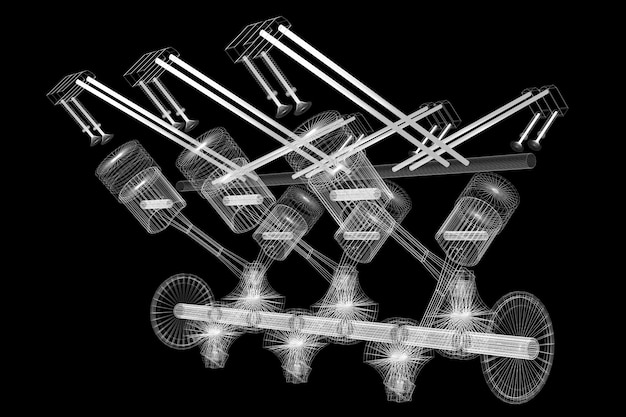 Modello di motore per auto a sei cilindri wireframe isolato su sfondo nero