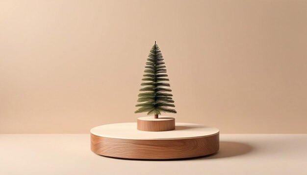 Modello di Natale 3D minimo piedistallo in legno per l'albero di Natale decorazione in legno sullo sfondo beige