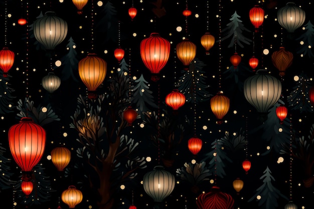 Modello di Natale Capodanno Lanterne cinesi Sfondo carta da parati AI generato