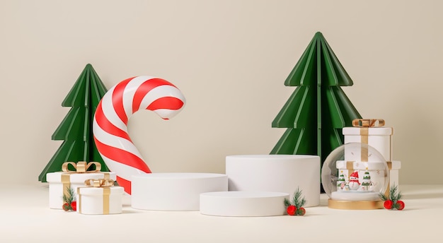 Modello di Natale Premium 3D realistico Piedistallo bianco o podio stand per esposizione prodotto esposizione Decorazione albero di Natale in legno su sfondo marrone 3d rendering illustrazione