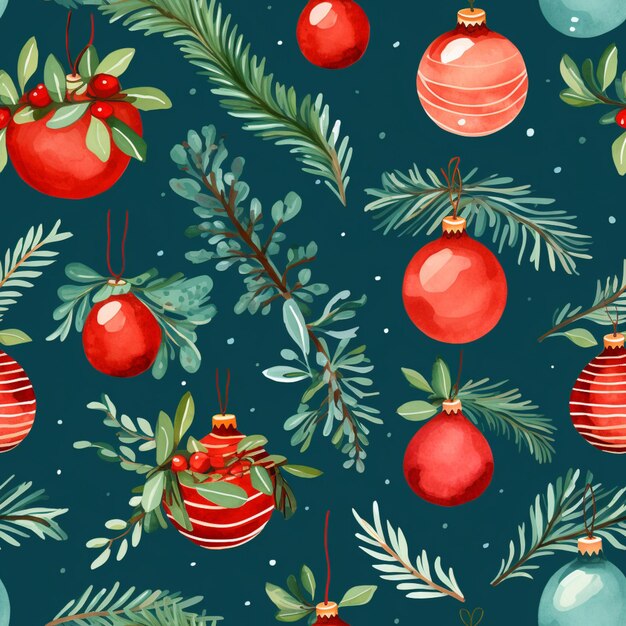 modello di Natale senza cuciture con ornamenti rossi e verdi e rami generativi ai