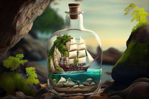 Modello di nave in bottiglia circondato da una serena scena naturale che include rocce e acqua