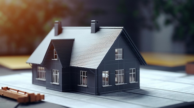 Modello di nuova casa con tetto inclinato in piastrelle nere su un piano di casa 3D