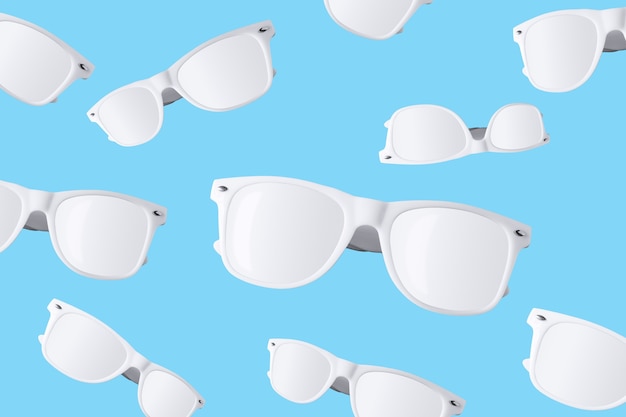 Modello di occhiali da sole bianchi isolato su blu pastello