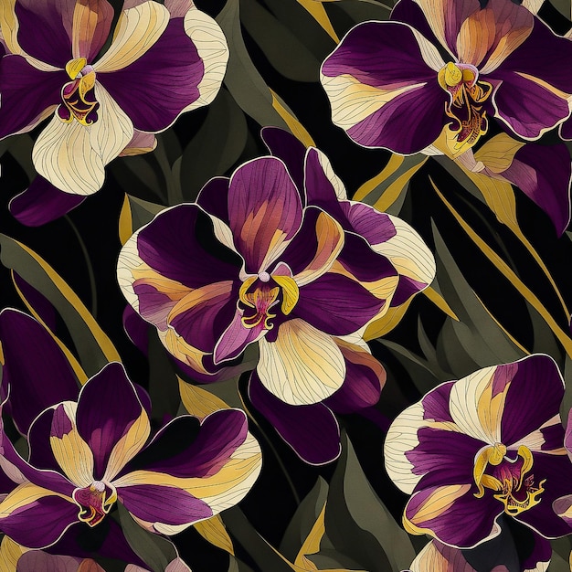 modello di orchidee tropicali senza soluzione di continuità su sfondo scuro AI generato