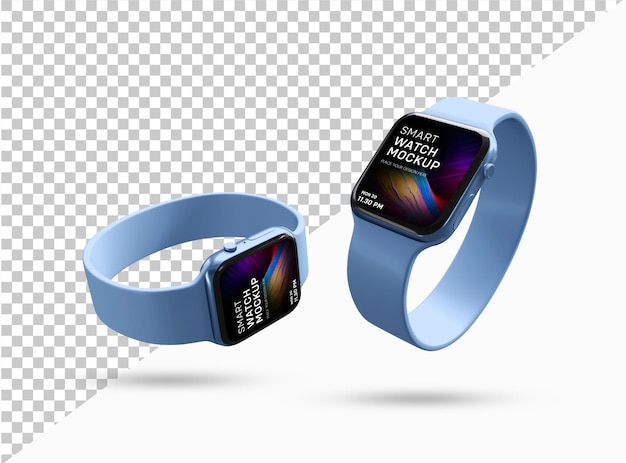 Modello di orologio intelligente. Due nuovi smartwatch con display nero con cinturino da polso blu.