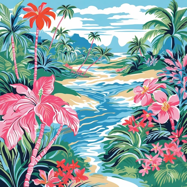 Modello di paesaggio tropicale ispirato a Lilly Pulitzer con colori vivaci e foglie di palma