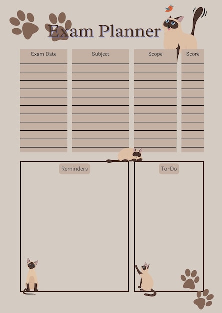 Modello di pagina stampabile del foglio di inserimento della pianificazione digitale del pianificatore dell'esame