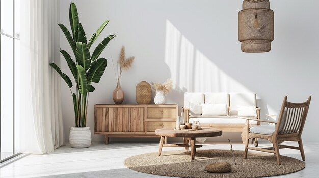 Modello di parete in interno bianco semplice con mobili in legno in stile Scandi Boho AI Generative