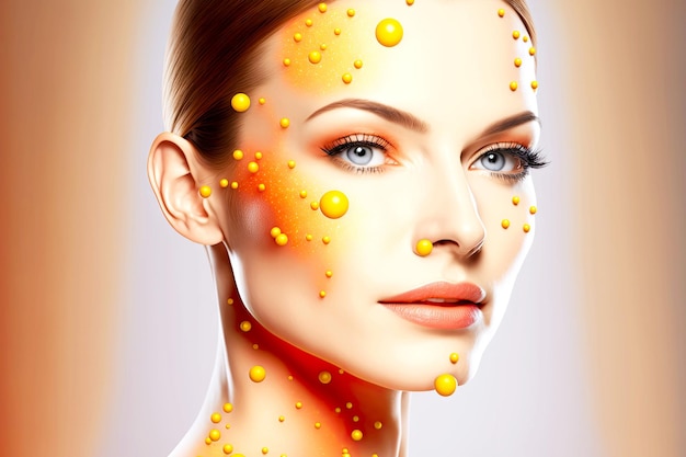 Modello di pelle sana radiosa con molecola cosmetica su sfondo chiaro
