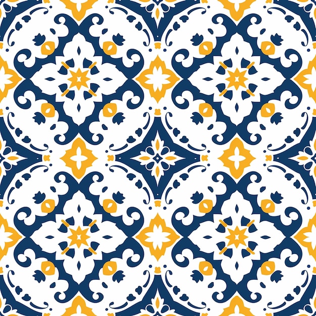 Modello di piastrelle floreali senza cuciture con colori blu e giallo e base bianca