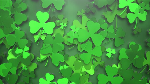 Modello di piccoli quadrifogli verdi su sfondo lucido Saint Patrick Day. Stile di illustrazione 3D di lusso ed elegante per il tema delle vacanze