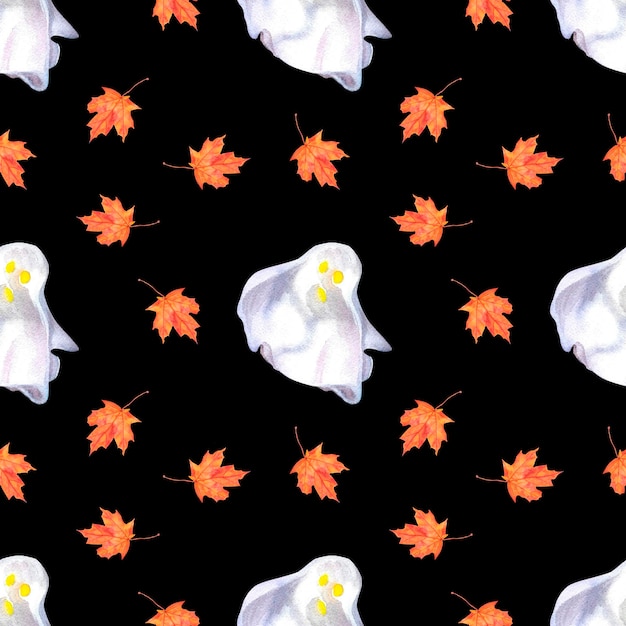 Modello di piccolo fantasma carino e foglia d'acero autunnale Simbolo di halloween ad acquerello disegnato a mano isolato